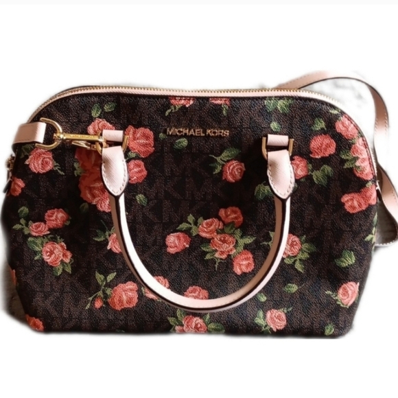 Brown & Pink Floral Michael Kors Handbag Purse, Roses Fall Floral - Picture 1 of 10